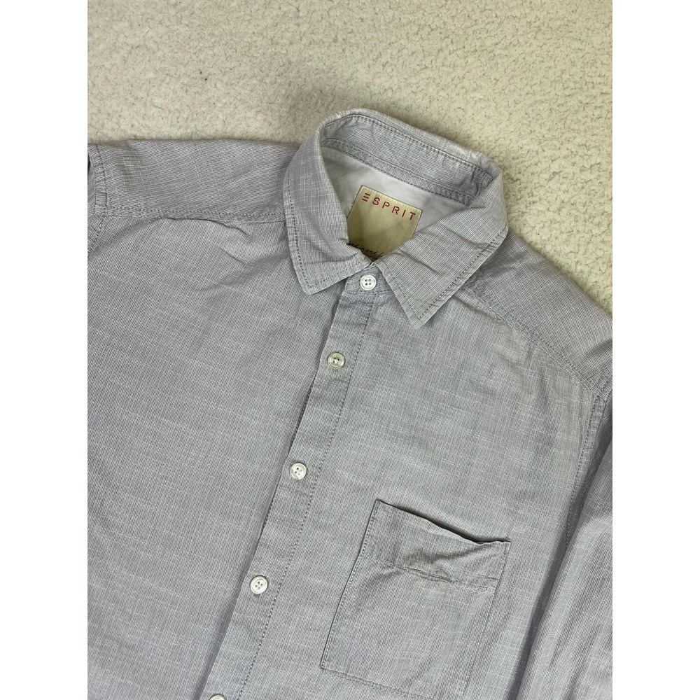Esprit Shirt Mens Small Gray Check 100% Cotton Long Sleeve Button Up‎ Casual